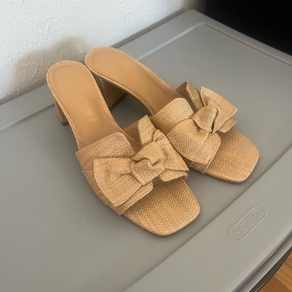 Anne Klein Tan Woven Bow Block Heel Mules